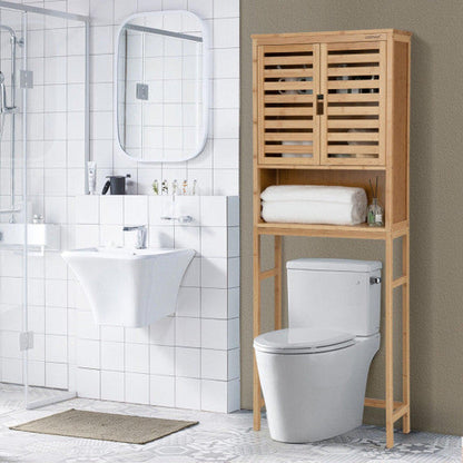 Costway Natural Bamboo Over The Toilet Storage Cabinet Bathroom with Adjustable Shelf