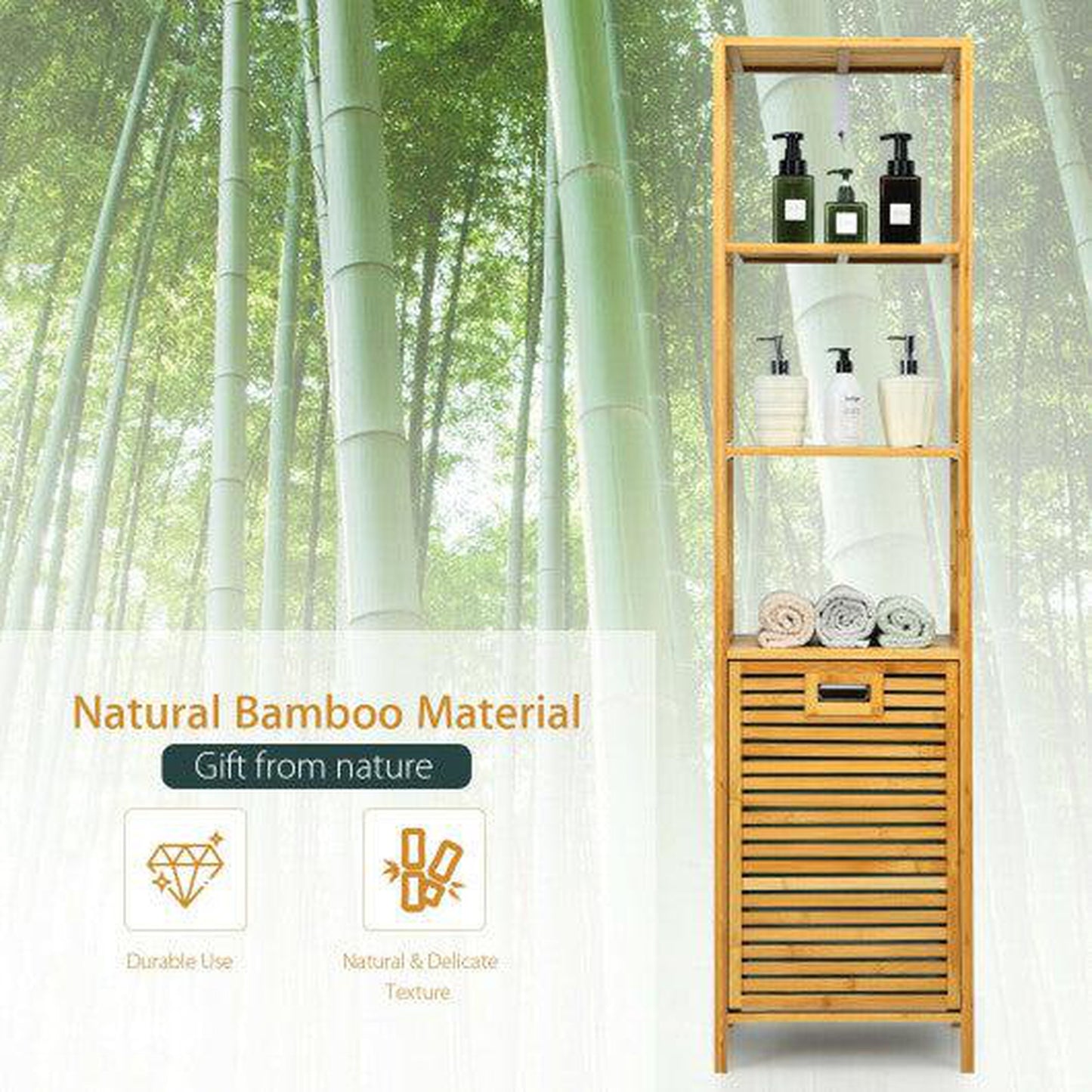 Costway Natural Bamboo Tower Hamper Organizer with 3-Tier Storage Shelves