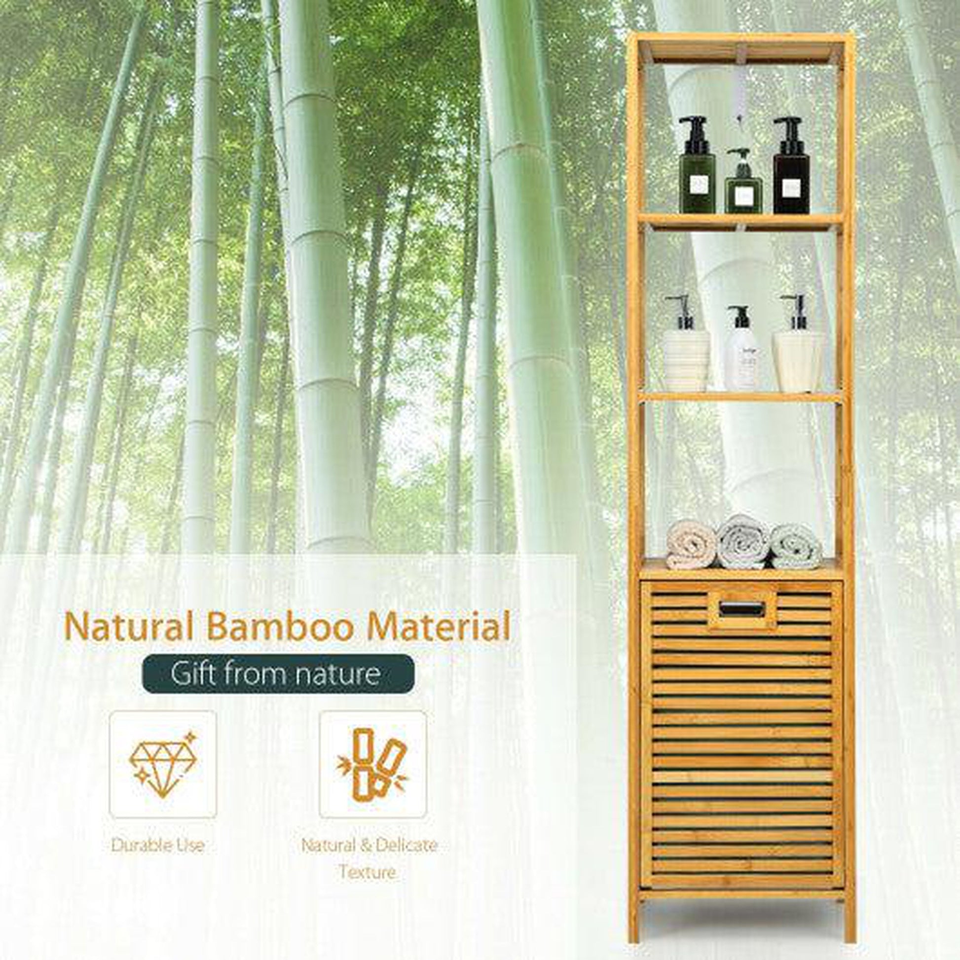 Costway Natural Bamboo Tower Hamper Organizer with 3-Tier Storage Shelves