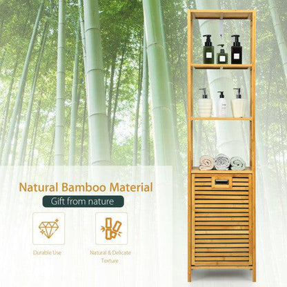 Costway Natural Bamboo Tower Hamper Organizer with 3-Tier Storage Shelves