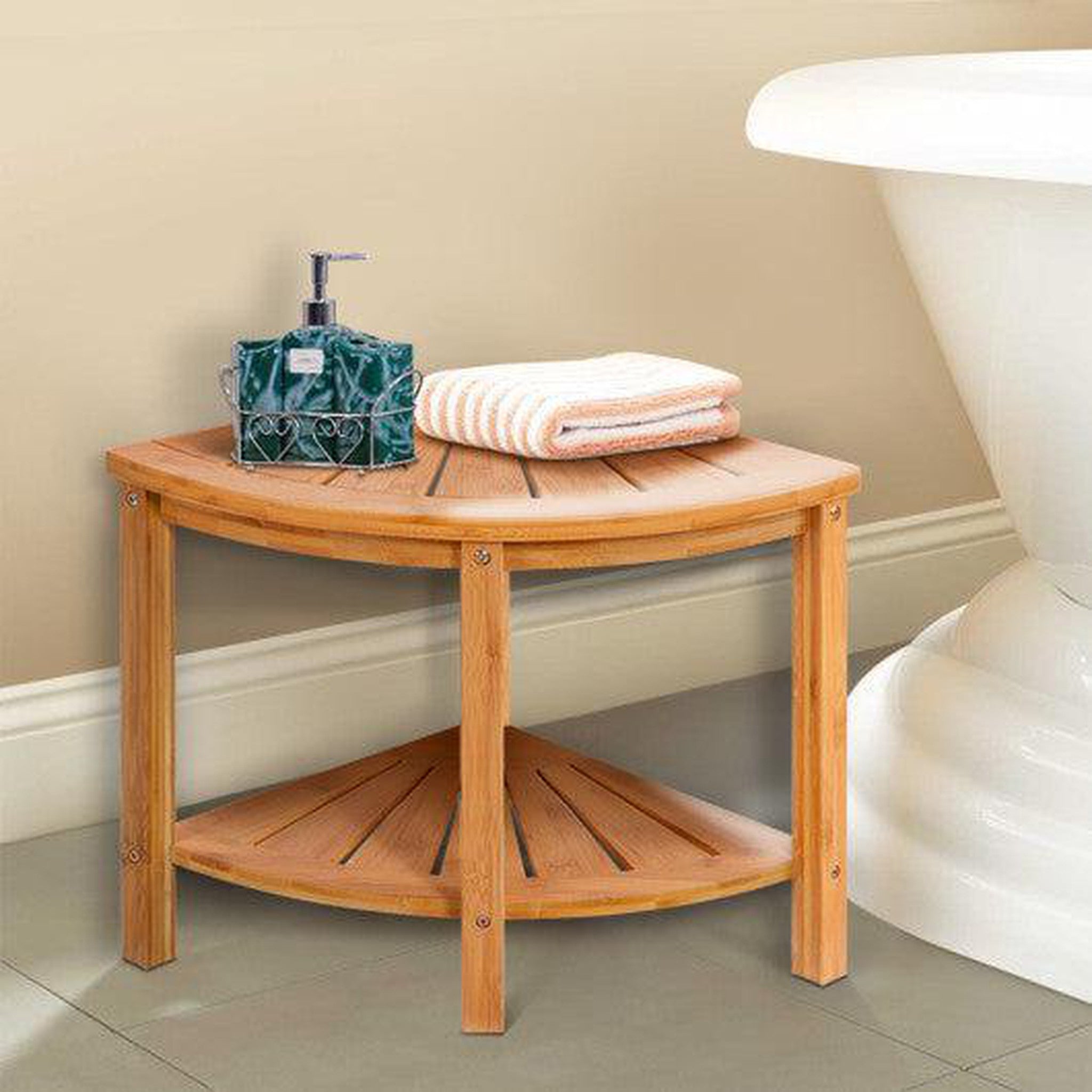 Costway Quadrant Corner Bathroom Bamboo Seat with Shelf US Bath Store