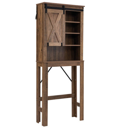 Costway Rustic Brown Wooden Bathroom Storage Cabinet with Sliding Barn Door and 3-level Adjustable Shelves