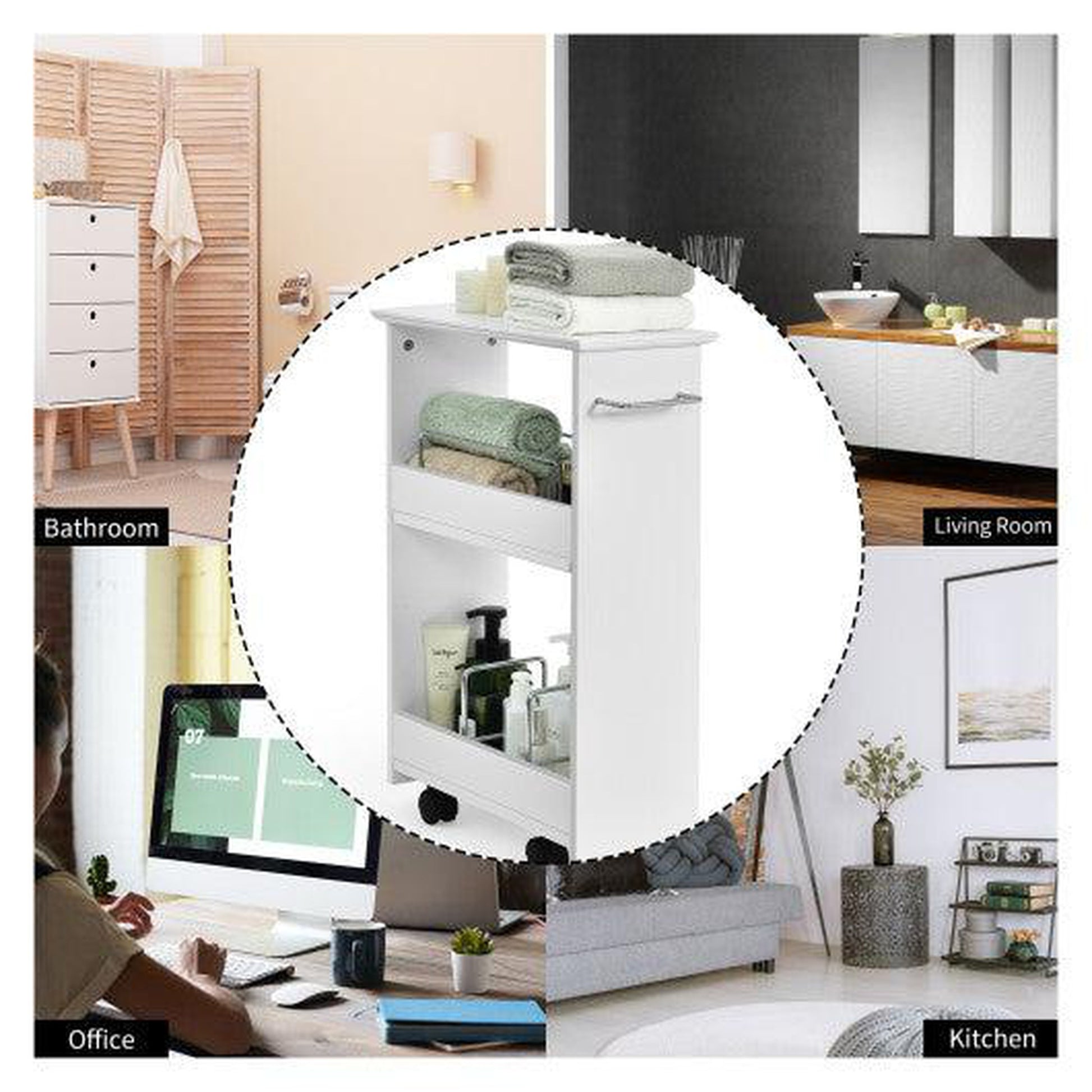 Costway Slim Rolling 3-Tier Bathroom Mobile Shelving Cabinet wih Handle