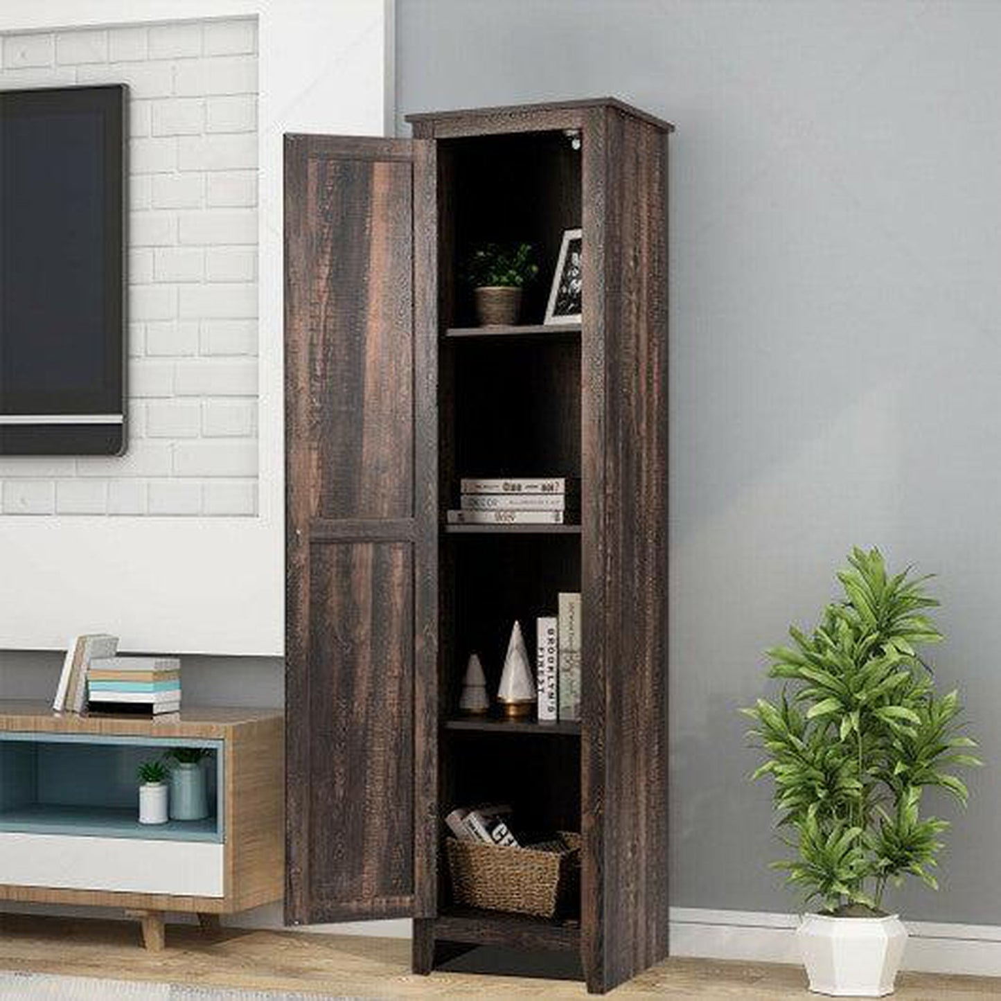 Costway Walnut Linen Tower Bathroom Storage Cabinet Tall Slim Side Organizer with Shelf
