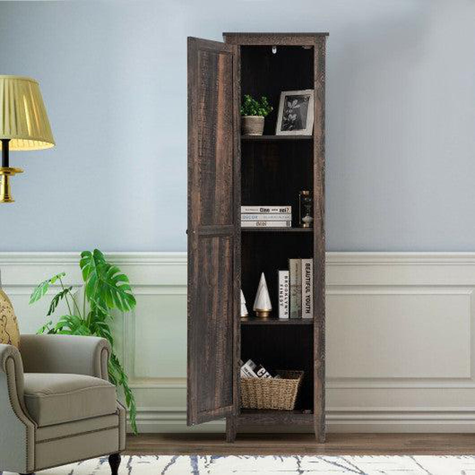Costway Walnut Linen Tower Bathroom Storage Cabinet Tall Slim Side Organizer with Shelf