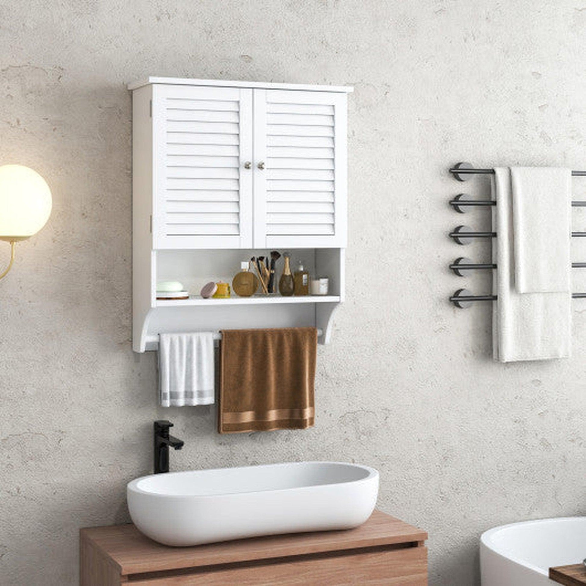 Costway White 2-Doors Bathroom Wall-Mounted Medicine Cabinet with Towel Bar