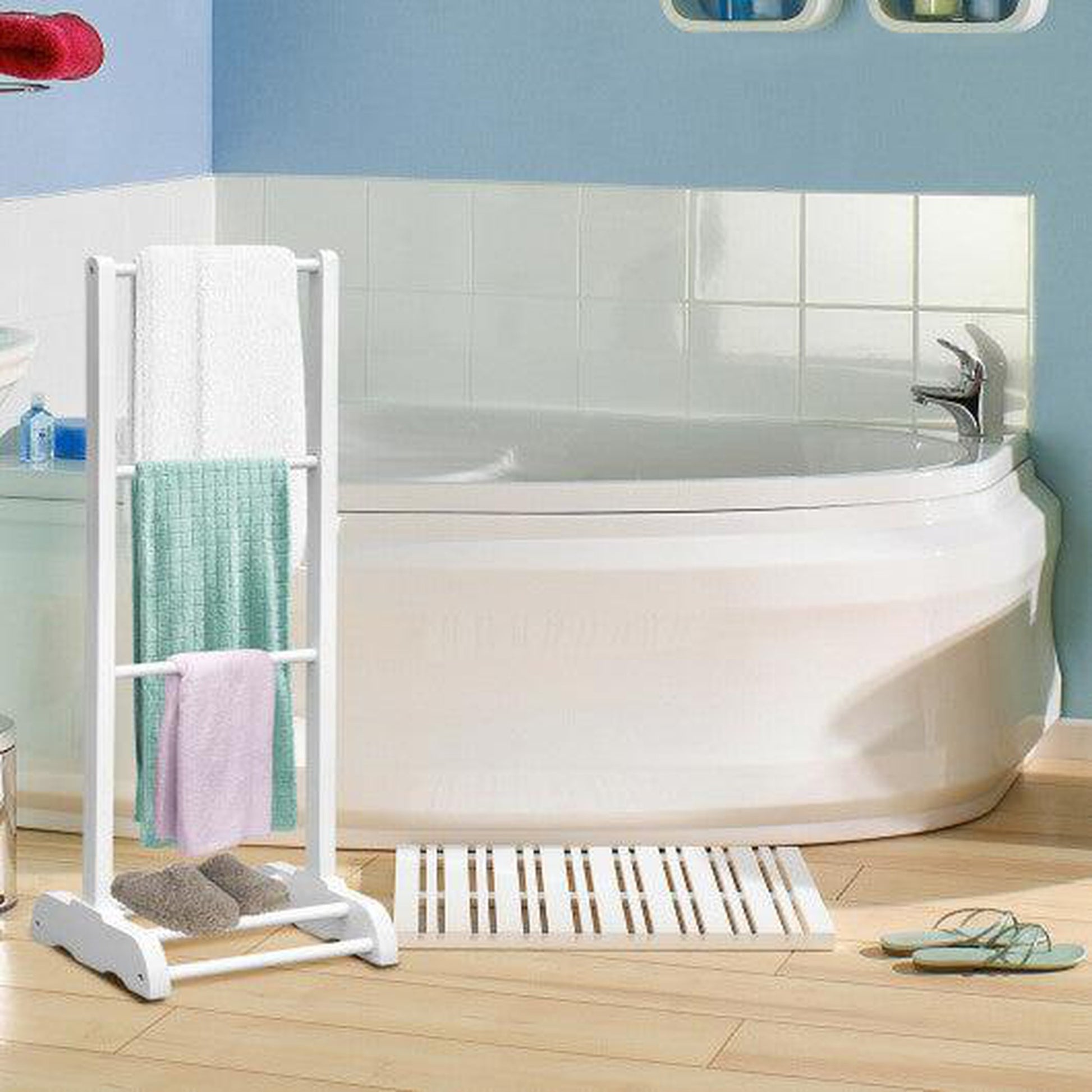 Costway White 3-Bar Acacia Wood Freestanding Bathroom Towel Rack with Bottom Storage Shelf