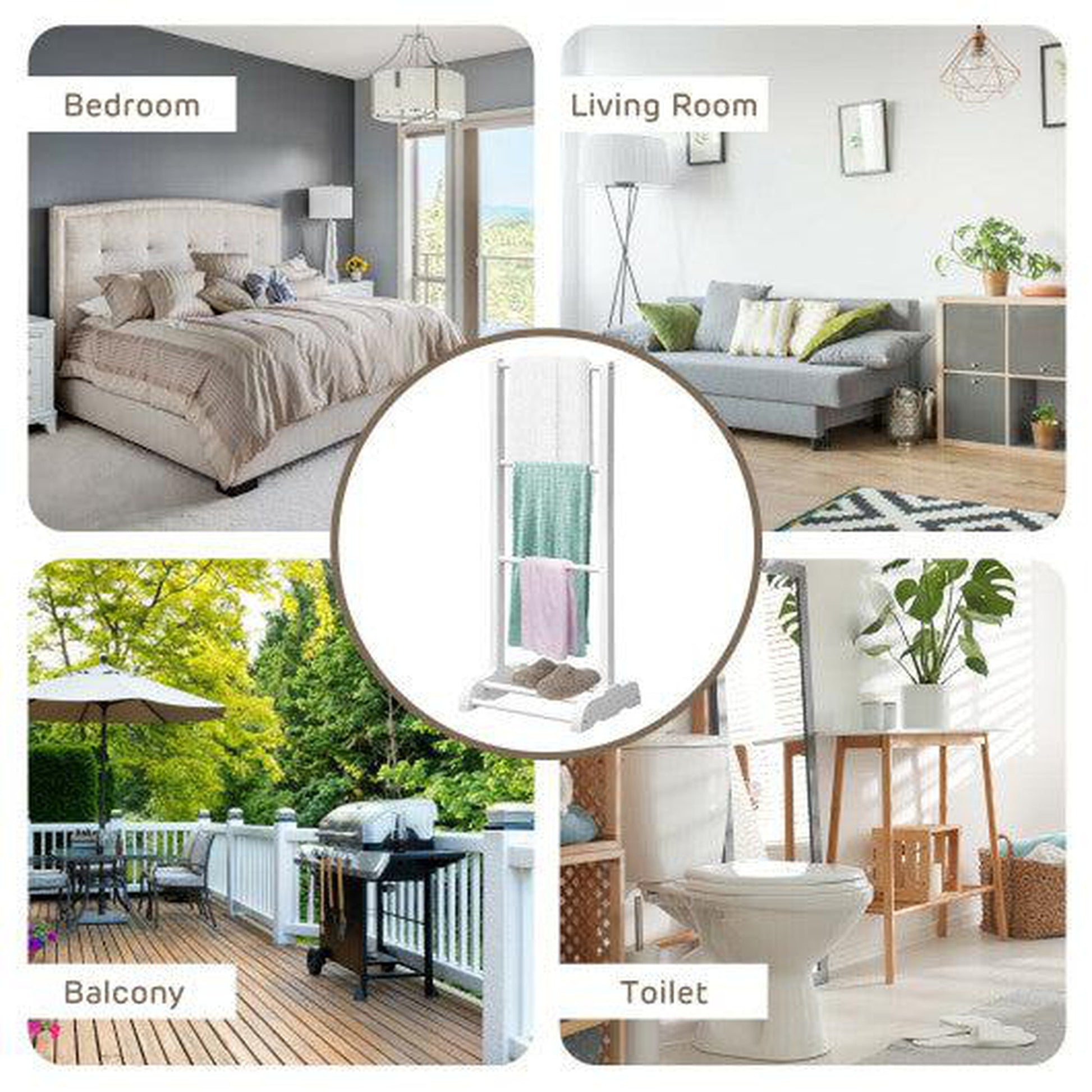 Costway White 3-Bar Acacia Wood Freestanding Bathroom Towel Rack with Bottom Storage Shelf