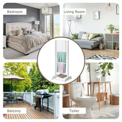 Costway White 3-Bar Acacia Wood Freestanding Bathroom Towel Rack with Bottom Storage Shelf