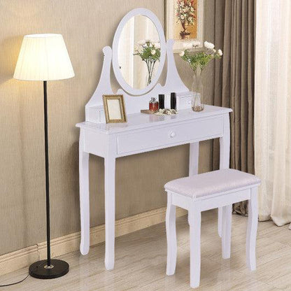 Costway White Bathroom Vanity Wooden Makeup Dressing Table Stool Set