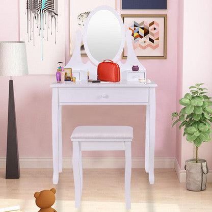 Costway White Bathroom Vanity Wooden Makeup Dressing Table Stool Set
