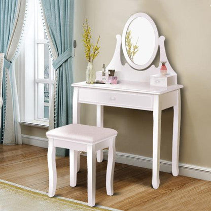Costway White Bathroom Vanity Wooden Makeup Dressing Table Stool Set