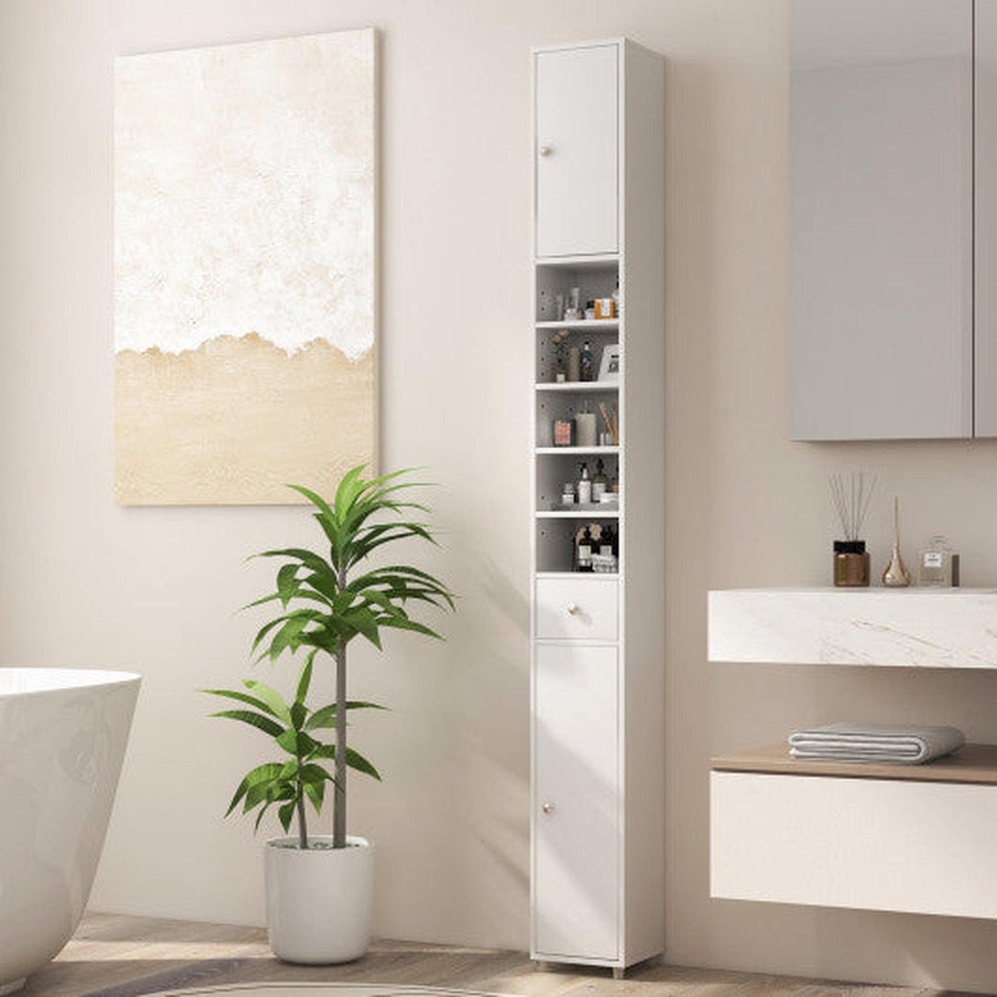 Costway White Freestanding Slim Bathroom Cabinet with Drawer and Adjustable Shelves