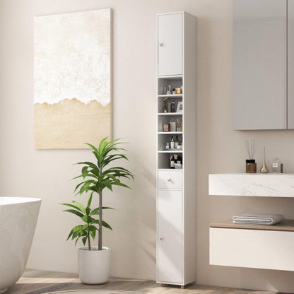 Costway White Freestanding Slim Bathroom Cabinet with Drawer and Adjustable Shelves