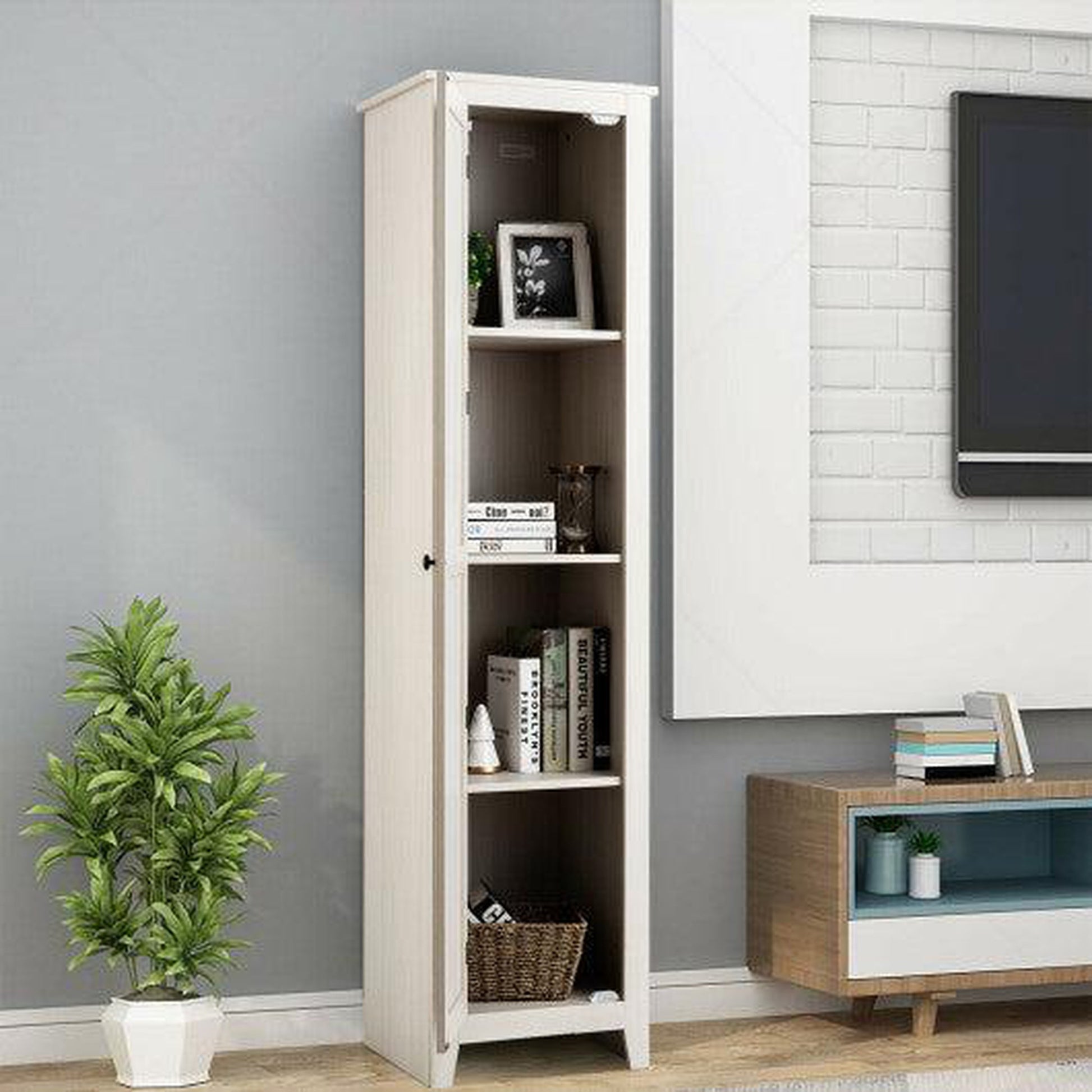 Costway White Linen Tower Bathroom Storage Cabinet Tall Slim Side Organizer with Shelf