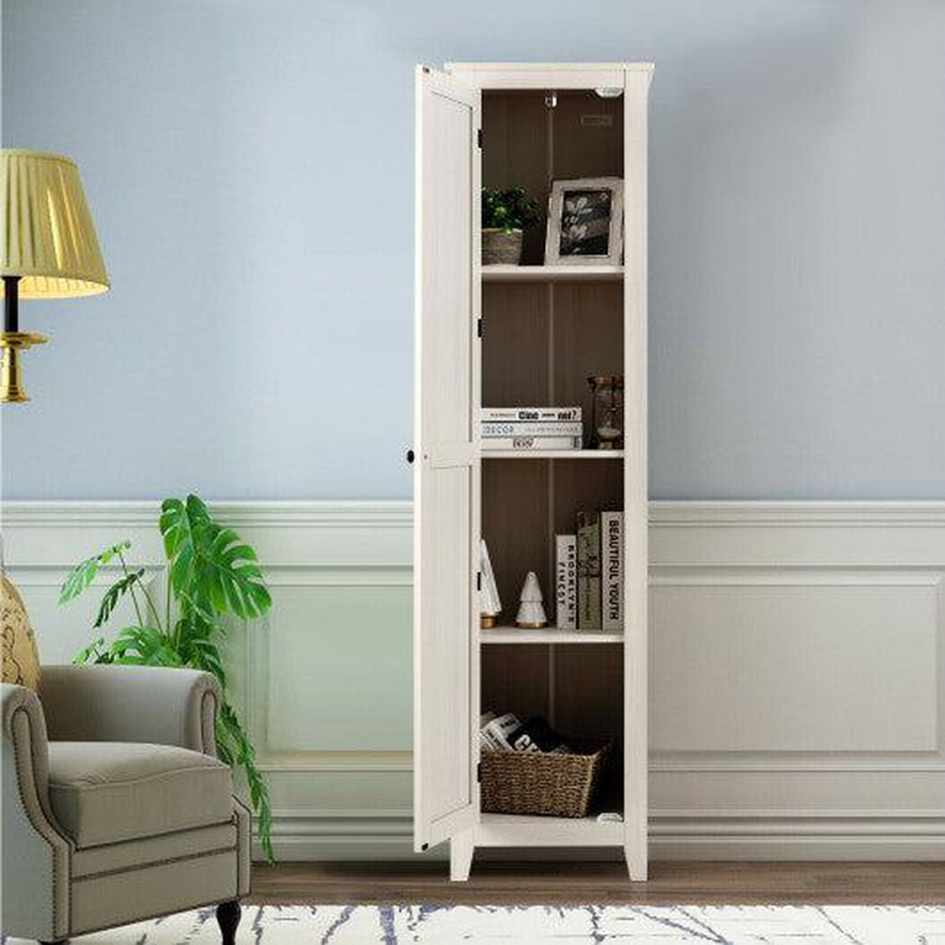 Costway White Linen Tower Bathroom Storage Cabinet Tall Slim Side Organizer with Shelf