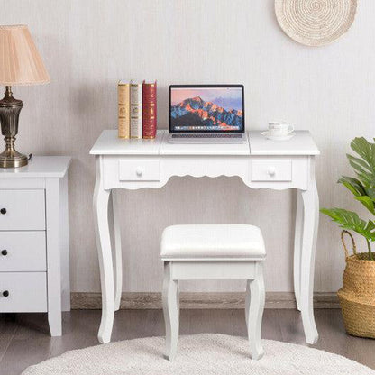 Costway White Mirrored Bathroom Dressing Vanity Table Set w/ Stool