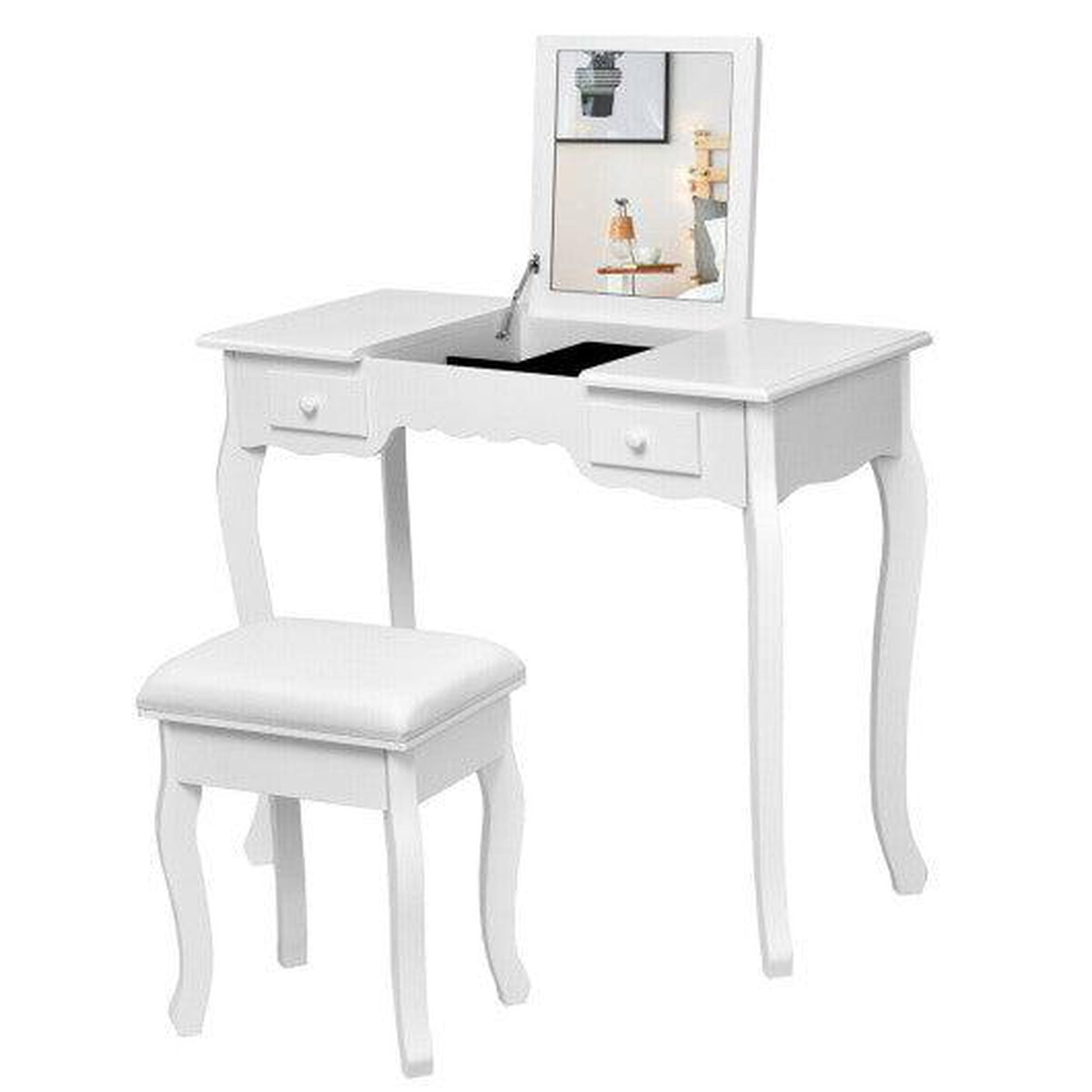 Costway White Mirrored Bathroom Dressing Vanity Table Set w/ Stool