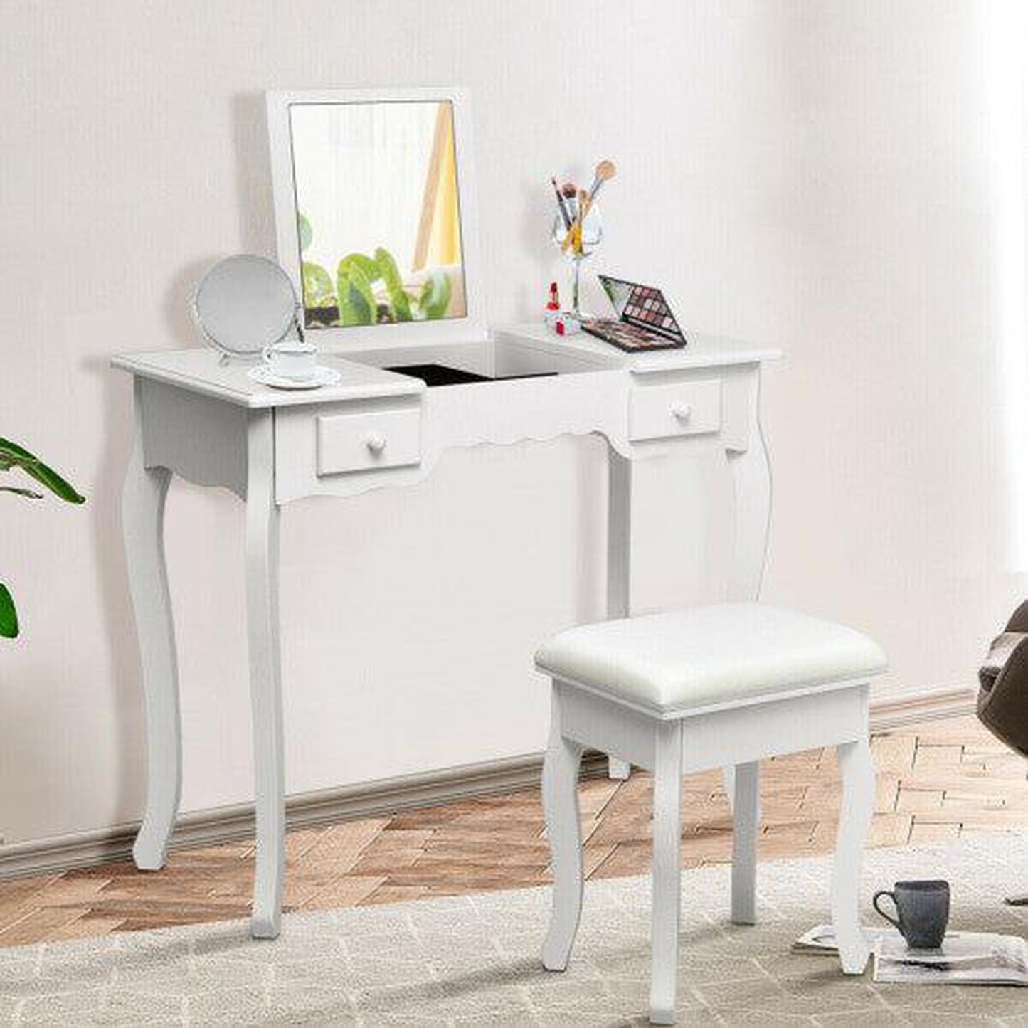 Costway White Mirrored Bathroom Dressing Vanity Table Set w/ Stool
