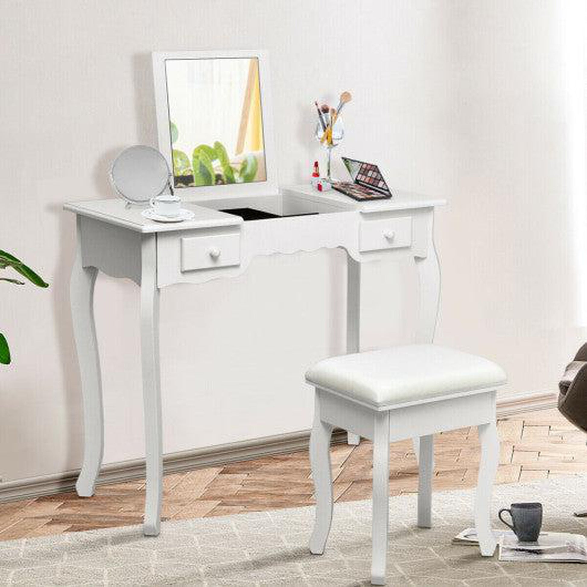 Costway White Mirrored Bathroom Dressing Vanity Table Set w/ Stool