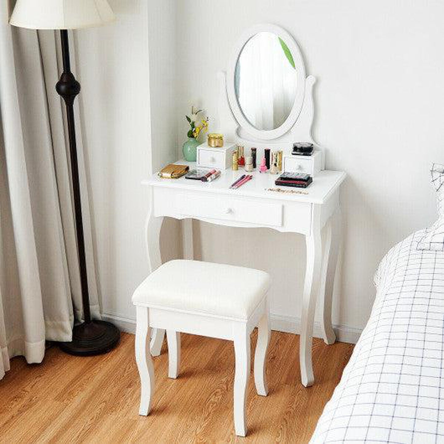 Costway White Simple Vanity Makeup Table with 3 Drawers and Cushioned – US Bath Store
