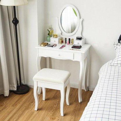 Costway White Simple Vanity Makeup Table with 3 Drawers and Cushioned Bench