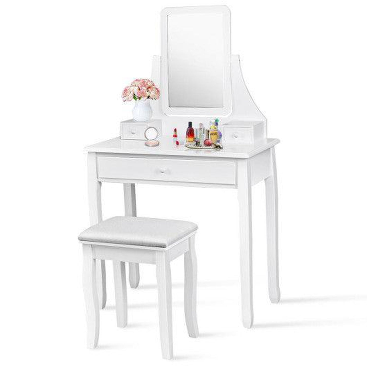 Costway White Square Mirrored Vanity Dressing Table Set with 3 Storage Boxes