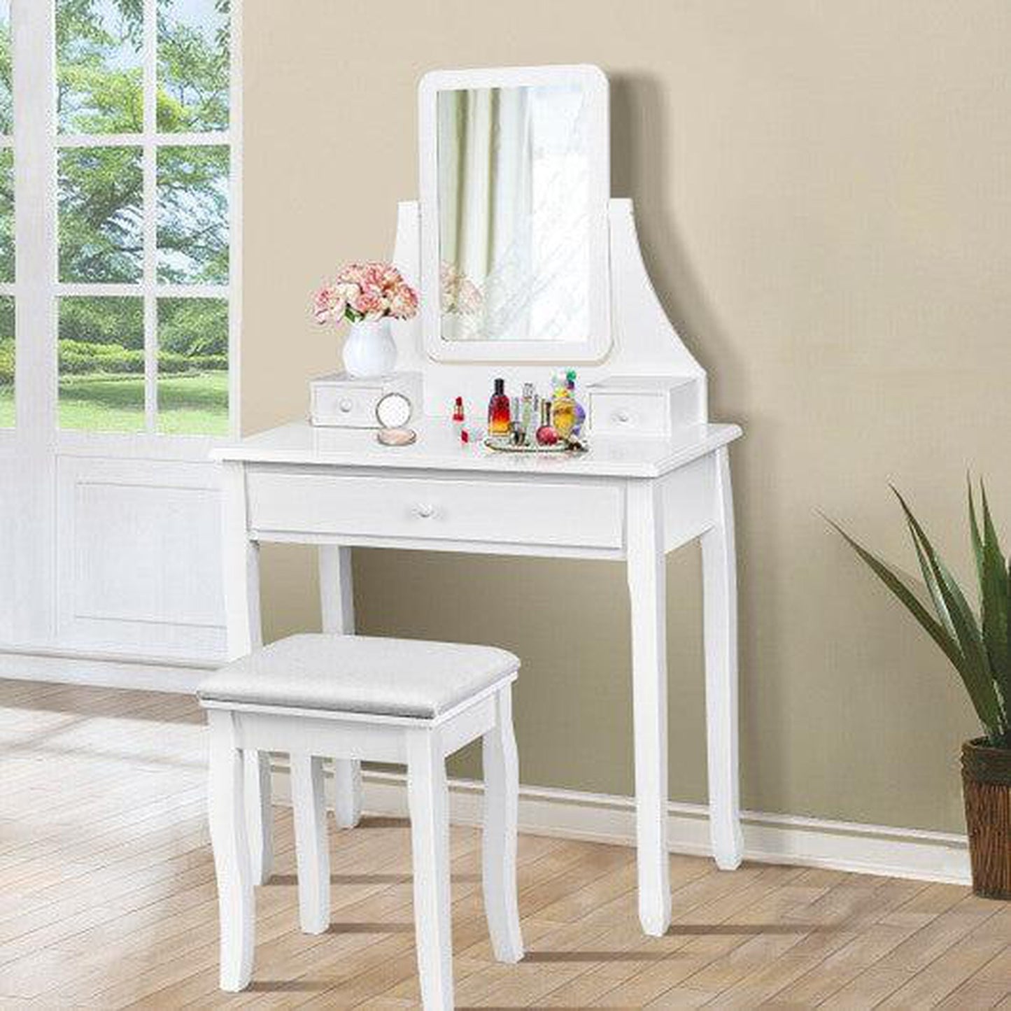 Costway White Square Mirrored Vanity Dressing Table Set with 3 Storage Boxes