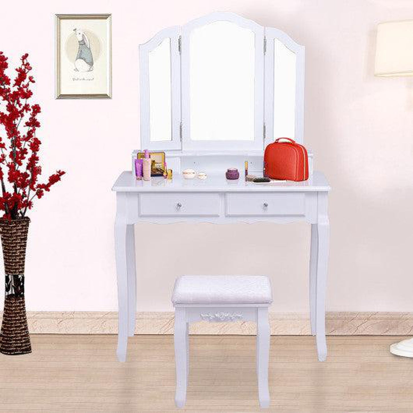 Costway White Tri Folding Mirror Vanity Table Stool Set with 4 Drawers and Cushioned Stool