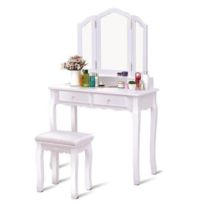 Costway White Tri Folding Mirror Vanity Table Stool Set with 4 Drawers and Cushioned Stool