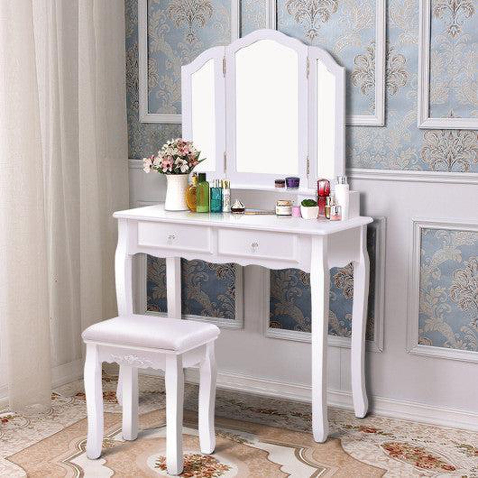 Costway White Tri Folding Mirror Vanity Table Stool Set with 4 Drawers and Cushioned Stool
