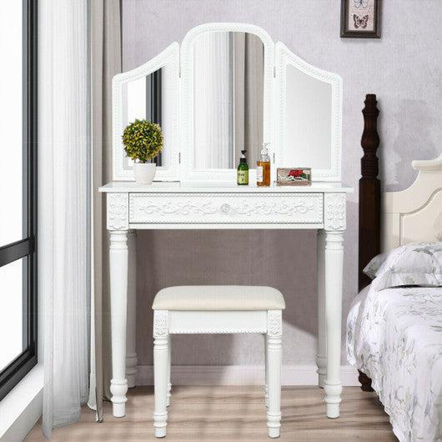 Costway White Vanity Dressing Makeup Table Set with Tri-Folding Mirror and Stool