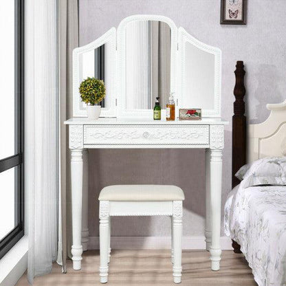 Costway White Vanity Dressing Makeup Table Set with Tri-Folding Mirror and Stool