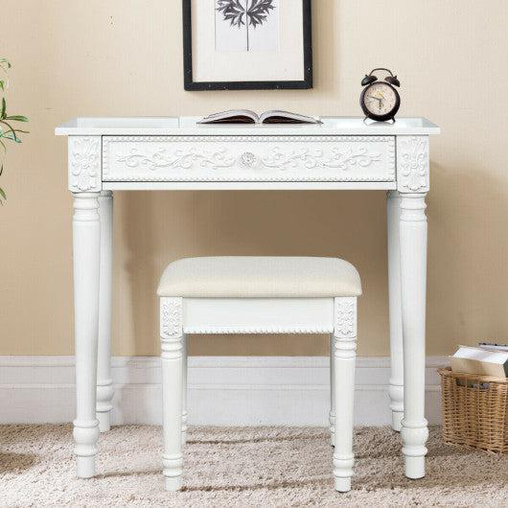 Costway White Vanity Dressing Makeup Table Set with Tri-Folding Mirror and Stool