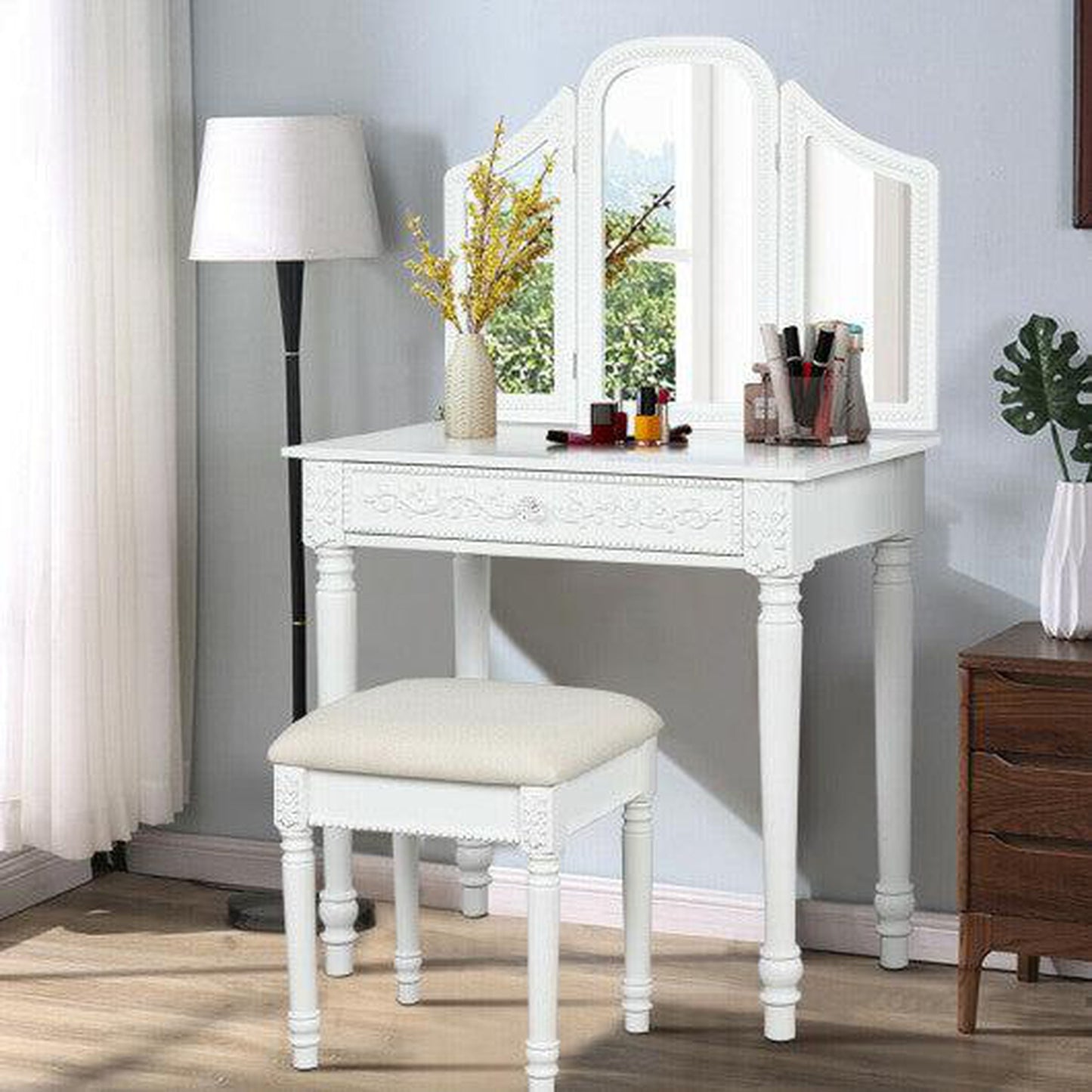 Costway White Vanity Dressing Makeup Table Set with Tri-Folding Mirror and Stool