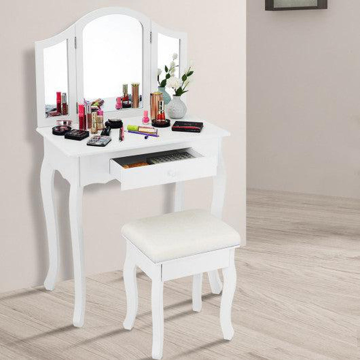 Costway White Vanity Makeup Dressing Table Set with Tri-Folding Mirror and Drawer