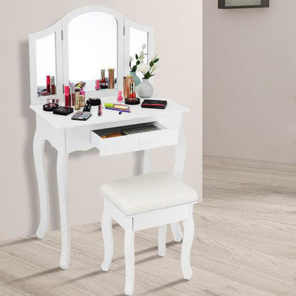 Costway White Vanity Makeup Dressing Table Set with Tri-Folding Mirror and Drawer