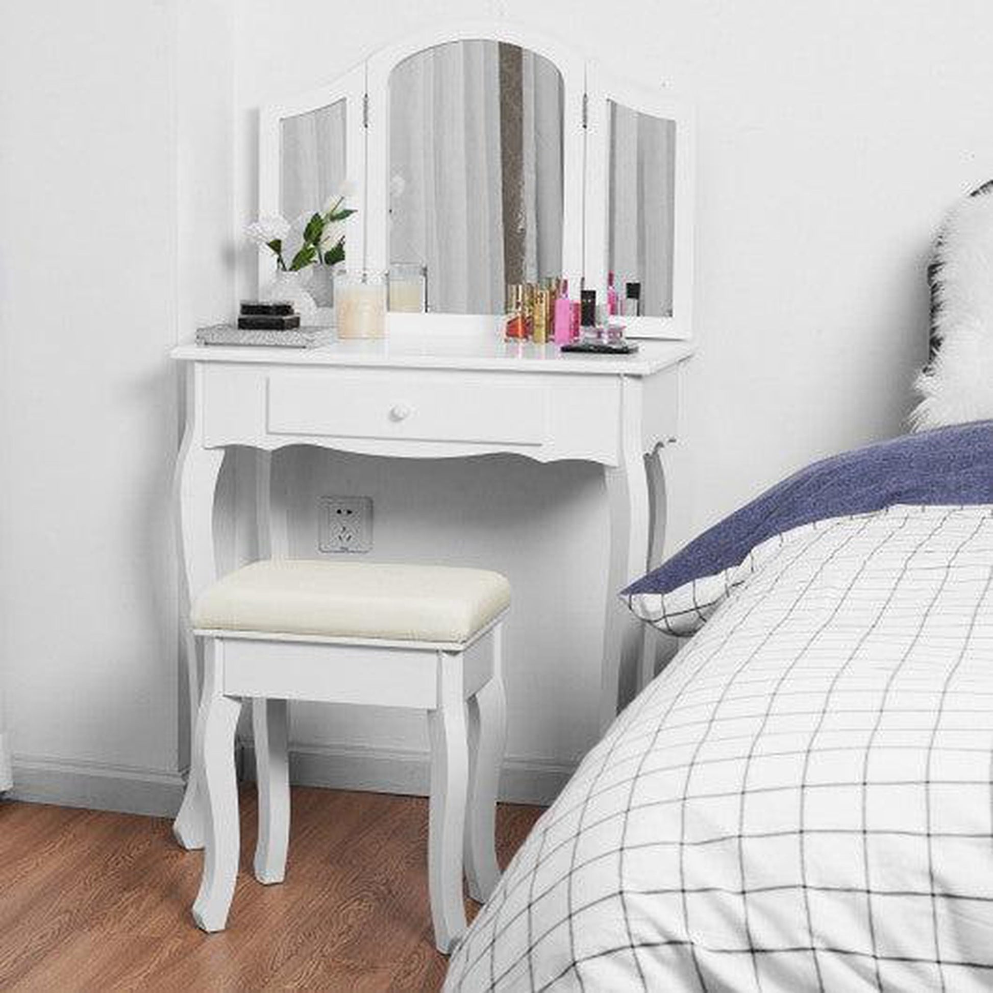 Costway White Vanity Makeup Dressing Table Set with Tri-Folding Mirror and Drawer