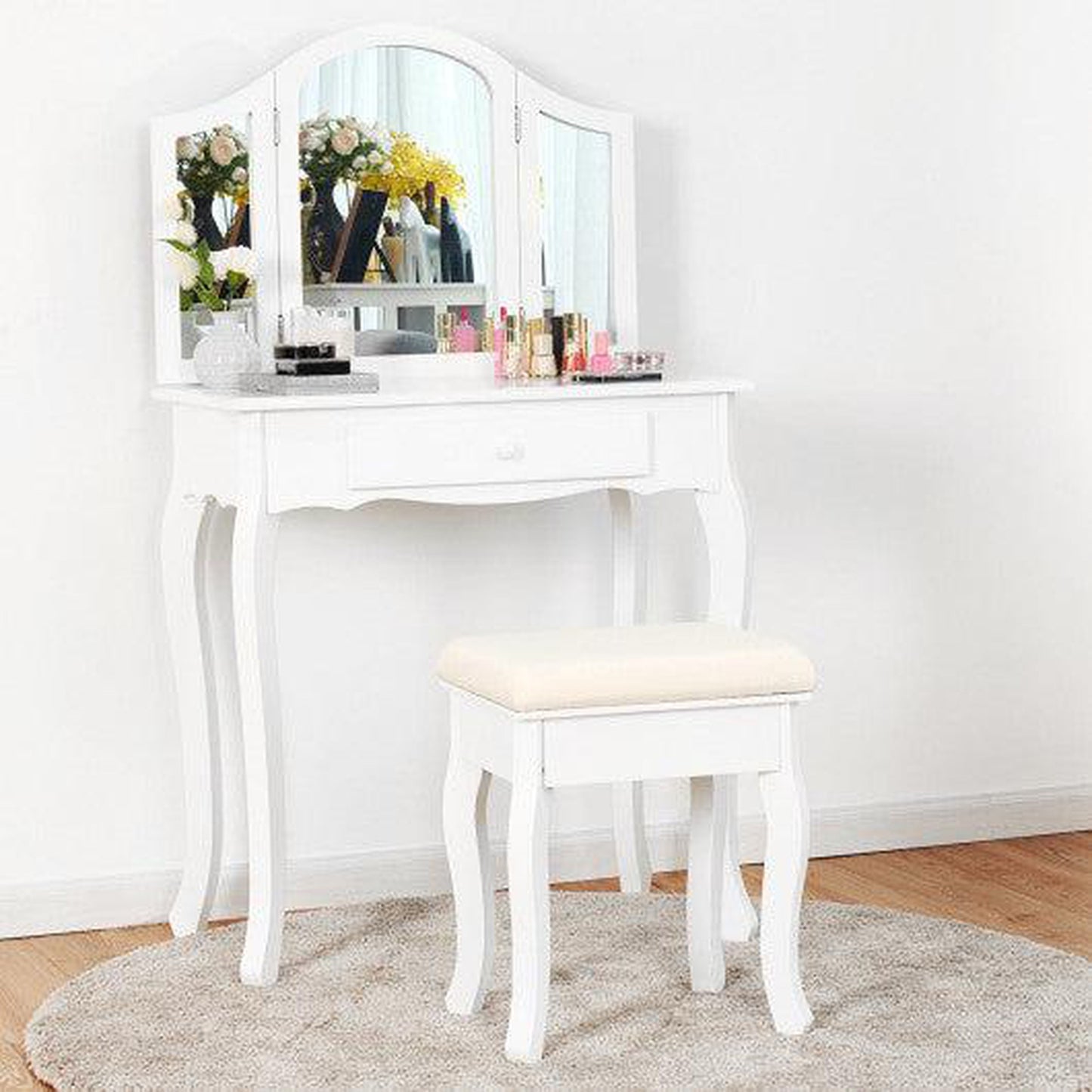 Costway White Vanity Makeup Dressing Table Set with Tri-Folding Mirror and Drawer