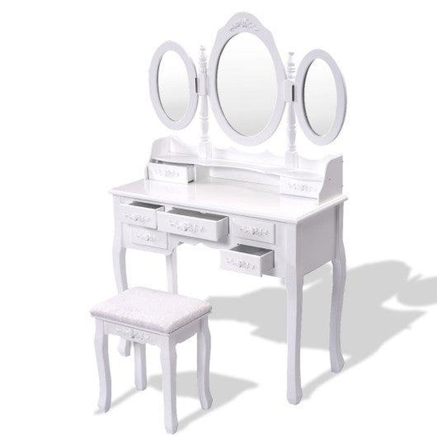 Costway White Vanity Makeup Dressing Table w/ Tri Folding Mirror + 7 Drawers