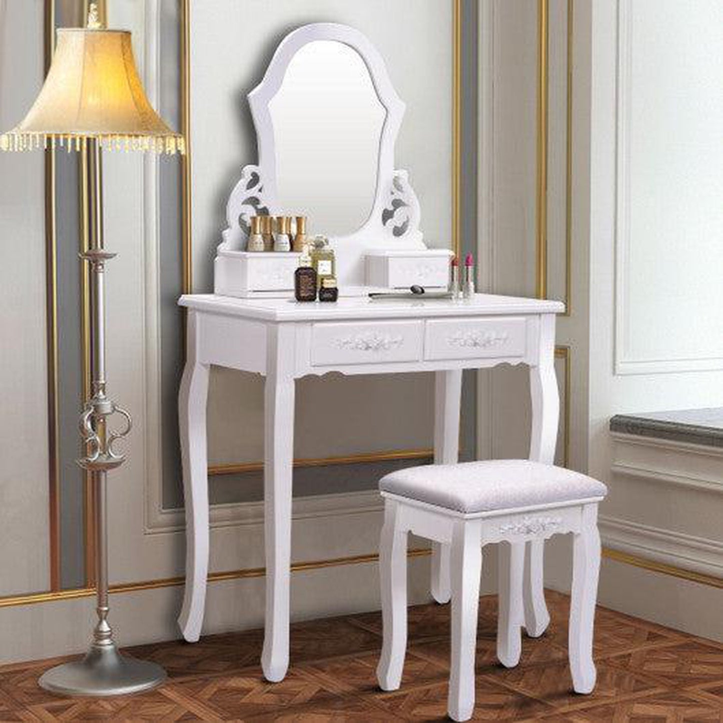 Costway White Vanity Makeup Dressing Table with Mirror + 4 Drawers