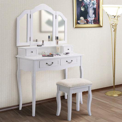 Costway White Vanity Makeup Dressing Table with Tri Folding Mirror + 4 Drawers