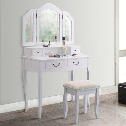 Costway White Vanity Makeup Dressing Table with Tri Folding Mirror + 4 Drawers