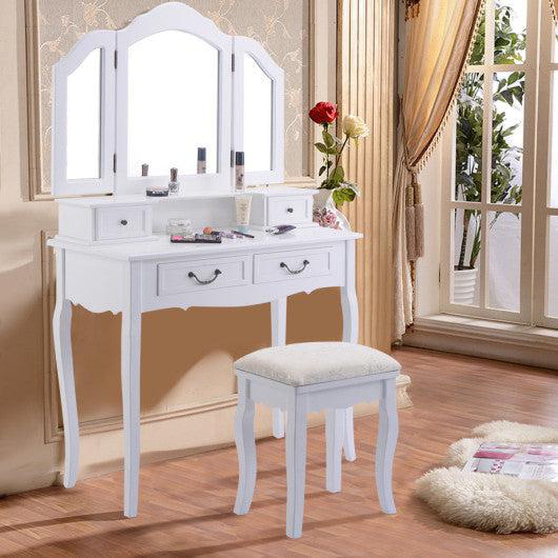 Costway White Vanity Makeup Dressing Table with Tri Folding Mirror + 4 Drawers