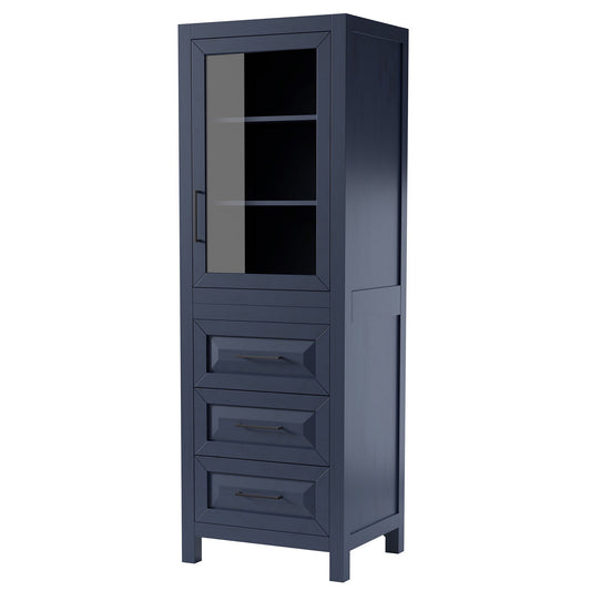 Daria 24" Linen Tower in Dark Blue With Matte Black Trim, Shelved Cabinet Storage and 3 Drawers