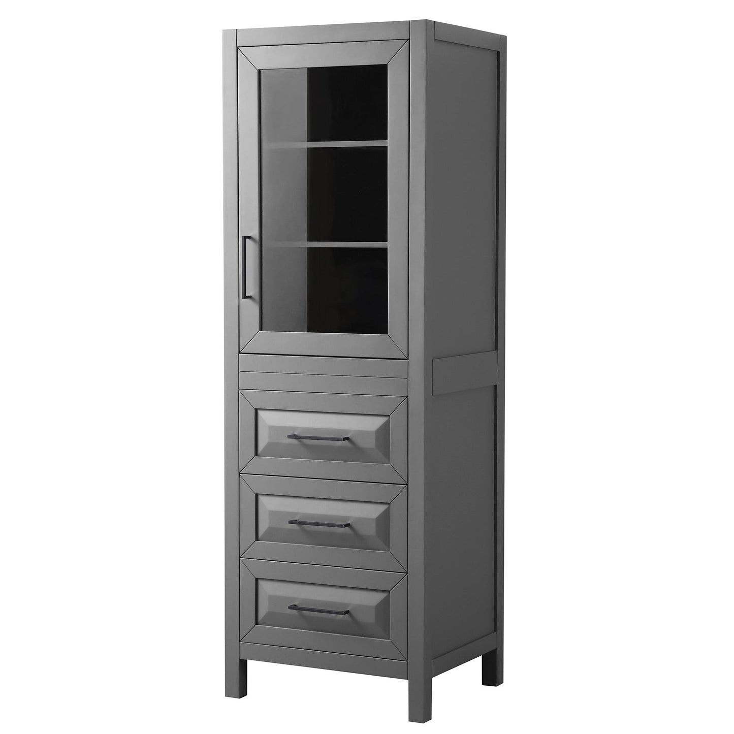 Daria 24" Linen Tower in Dark Gray With Matte Black Trim, Shelved Cabinet Storage and 3 Drawers