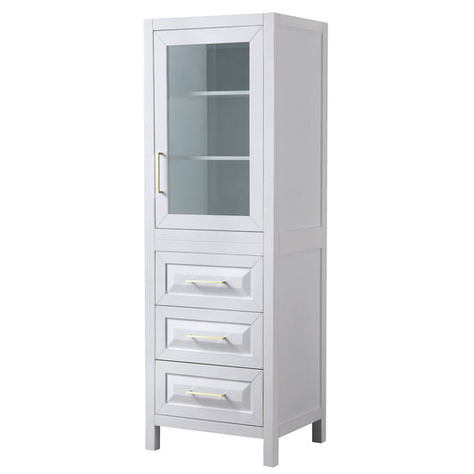 Daria 24" Linen Tower in White With Brushed Gold Trim, Shelved Cabinet Storage and 3 Drawers