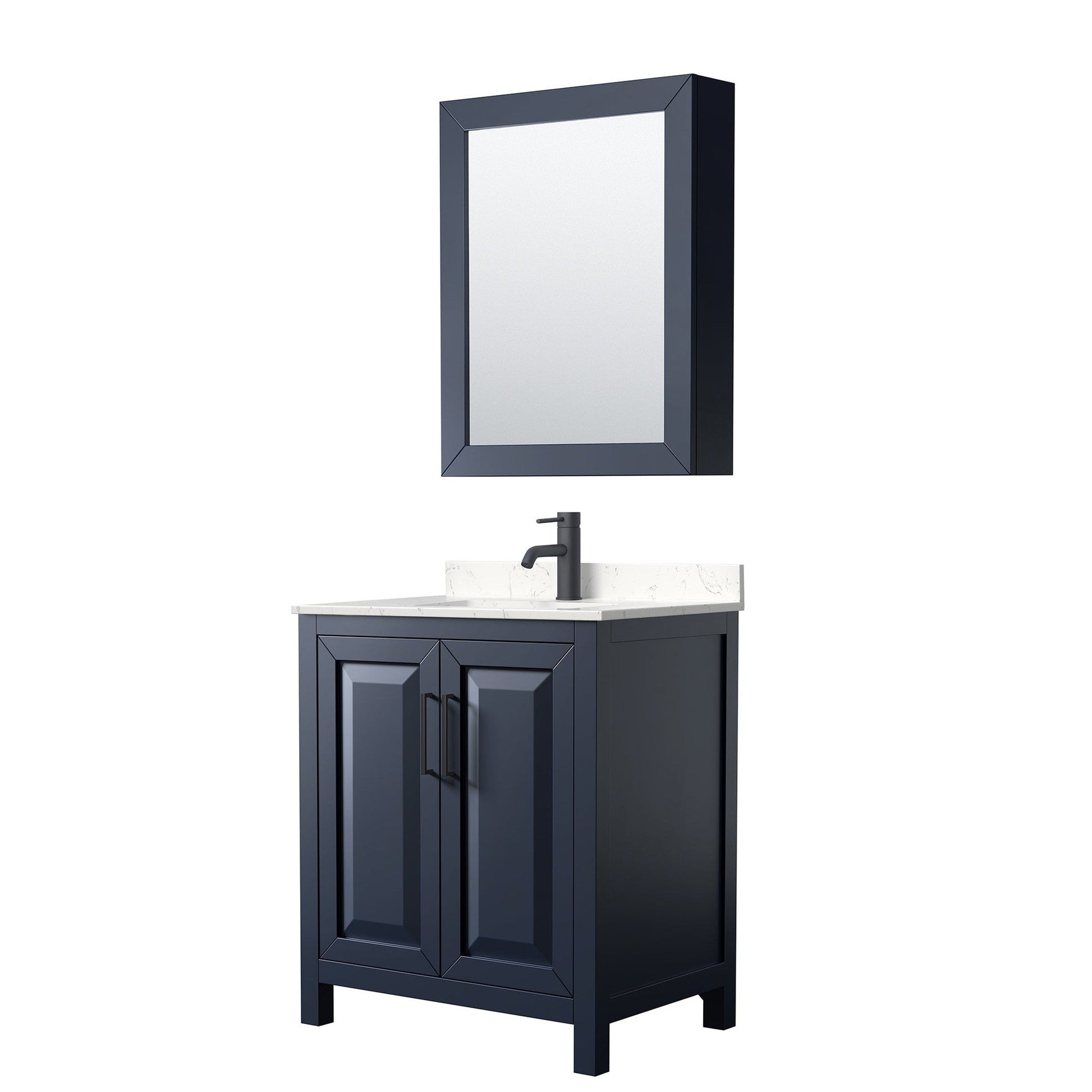 Daria 30" Single Bathroom Vanity in Dark Blue, Carrara Cultured Marble Countertop, Undermount Square Sink, Matte Black Trim, Medicine Cabinet