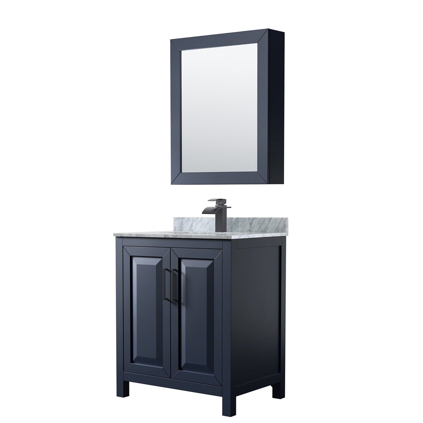 Daria 30" Single Bathroom Vanity in Dark Blue, White Carrara Marble Countertop, Undermount Square Sink, Matte Black Trim, Medicine Cabinet