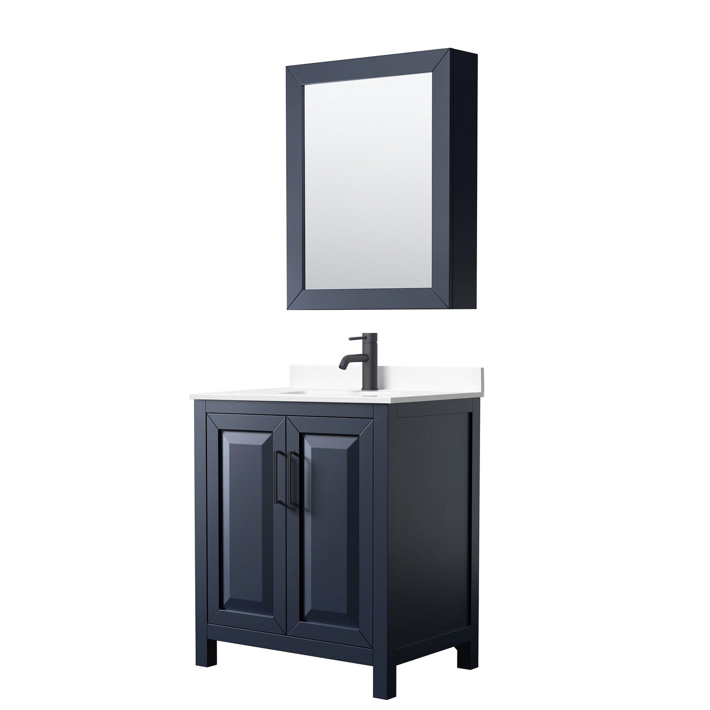 Daria 30" Single Bathroom Vanity in Dark Blue, White Cultured Marble Countertop, Undermount Square Sink, Matte Black Trim, Medicine Cabinet